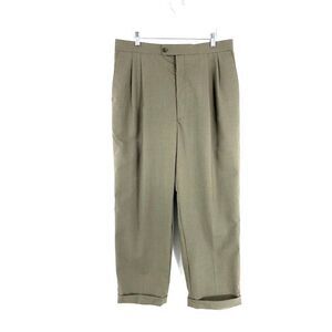 Greg Peters No Belt Loops Green Beige Wool Basket Weave Dress Pants 34/28 High R